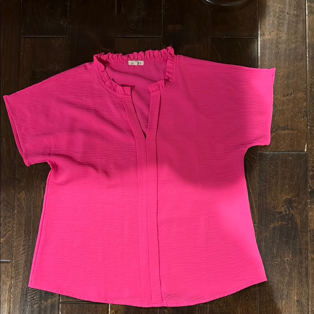 JODIFL Fuchsia Ruffle Neck Blouse